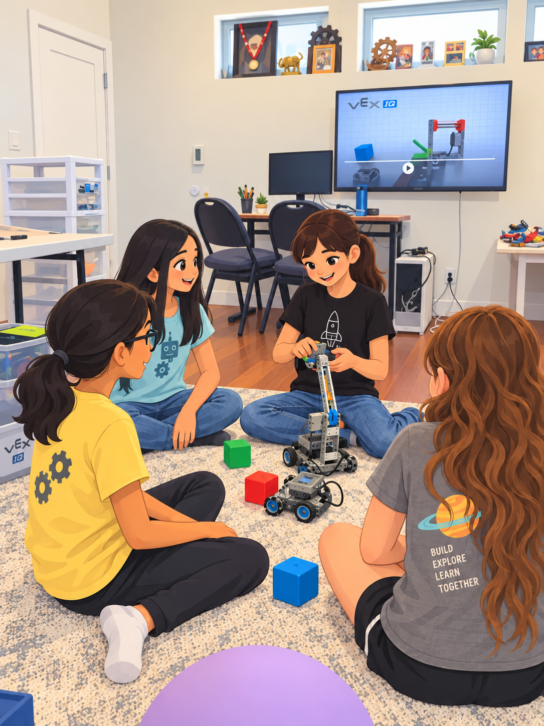 Students building and experimenting with VEX IQ robots